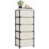 HOMCOM Commode de chambre avec 5 tiroirs en tissu, cadre en acier, commode pour salon, bureau, dressing, beige(m-7)