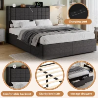 Spacious Upholstered Bed with 4 Under‑Bed Drawers, Cozy Bed Frame with Soft Headboard and Linen Surface, 208L x 140W x 111H cm, Grey(m-5)