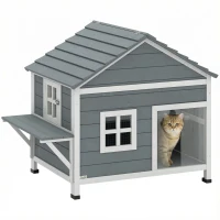 PawHut Katzenhaus aus Holz 2-Etagen Katzenhöhle mit wasserdicht aufklappbar Dach, seitlicher Plattform, 101x72,5x81cm, Grau(m-12)