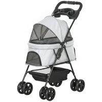 PawHut Carrito para Perros Pequeños con 4 Ruedas Freno Cesta Capota Correas de Seguridad y Ventanas 67x45x96 cm Gris Claro(m-11)