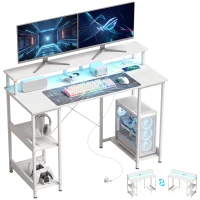 HOMCOM Birou pentru Computer Reversibil cu Rafturi, 120x50 cm, cu Prize și Lumini LED, Alb cu Efect de Lemn(m-11)