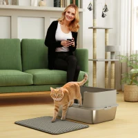 PawHut Katzentoilette Edelstahl Offene Katzenklo mit Schaufel hohem Rand Matte für Katzen bis 7 kg 60,2 x 40,2 x 29,5 cm, Grau(m-10)