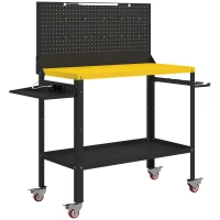 HOMCOM Banco de Trabajo con Panel Perforado Mesa de Trabajo con Enchufes Luz LED Ruedas Marco de Metal Negro y Amarillo(m-1)