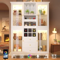 White Wine Cabinet with App-Controlled RGB LED Lighting, Adjustable-Dlass-Shelf Showcase with Wine Rack and Glass Holder, 120L x 40W x 180.5H cm, White(m-7)