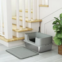 PawHut Katzentoilette Edelstahl Offene Katzenklo mit Schaufel hohem Rand Matte für Katzen bis 7 kg 60,2 x 40,2 x 29,5 cm, Grau(m-9)
