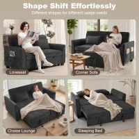 HOMCOM 2 Seater Sofa Bed, 4-in-1 L-Shaped Convertible Pull-Out Sleeper Sofa with Adjustable Backrest and Side Pockets, Black(m-4)