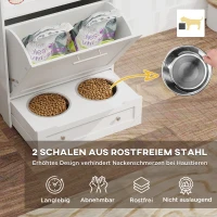 PawHut Futterstation für Haustiere, Aufbewahrungsschrank für Haustierbedarf, mit Futterschüsseln, Haken für Leinen, MDF, Weiß(m-4)