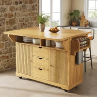 Foldable Serving Trolley with Ample Storage and Snack Racks, Mobile Kitchen Island for Balconies or Dining Room, 142.5L x 40W x 95H cm, Natural+Light Brown(m-1)