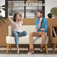 HOMCOM Canapé 2 places, canapé de salon en tissu aspect lin, assise rembourrée et pieds en bois d'hévéa, 117x56,5x77cm, crème(m-6)