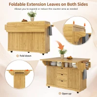 Foldable Serving Trolley with Ample Storage and Snack Racks, Mobile Kitchen Island for Balconies or Dining Room, 142.5L x 40W x 95H cm, Natural+Light Brown(m-5)