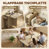 HOMCOM Klappbarer Esstisch für 2-4 Personen, Rollbarer Tisch mit offenem Fach und Schublade, ideal für kleine Räume, Natur(m-4)