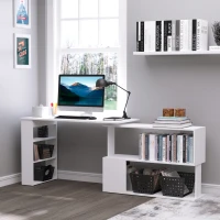 HOMCOM Corner Computer Desk, L Shaped Desk with 360° Rotating Bookshelf, 120L x 110W x 74.5H cm, White(m-10)