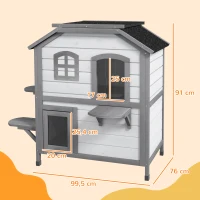 PawHut Katzenhaus Katzenhütte Katzenhöhle, 2 Stockwerke, wetterbeständig, 99,5 cm x 76 cm x 91 cm, Weiß + Grau(m-3)