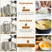 HOMCOM Küchenmaschine Knetmaschine mit 7L Edelstahlschüssel 1400W mit Kippkopf, Knethaken, Schneebesen, Rührbesen(m-6)