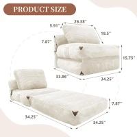 3-in-1 Convertible Corduroy Floor Sofa Bed with Side Pockets, Oversized Chaise Lounge with High-Density Sponge, 87L x 86W x 40H cm, White(m-3)
