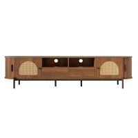 Space-Saving TV Stand with 2 Sliding Doors and 2 Drawers, Stylish TV Cabinet with Rattan Doors and Metal legs, 200L x 40W x 50H cm, Walnut(m-2)