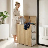 HOMCOM Cesto de Ropa Sucia de Bambú con Tapa 120L con 2 Bolsas con Cordón Extraíbles y Lavables Bolsillos Laterales Natural(m-8)