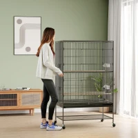 PawHut Vogelkäfig inklusive Sitzstangen, Vogelspielzeug, herausnehmbare Bodenwanne, 1 Ablage, Grau(m-7)