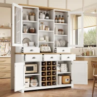 Kitchen Pantry Cabinet with Wine Rack and Adjustable Shelves, Glass-Door Buffet Sideboard with 5 Deep Drawers, 120L x 40W x 185H cm, White(m-8)