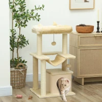 PawHut Katzenbaum, Kratzbaum mit Spielzeug, Sitzstange, Hängematte, 48 x 48 x 90 cm, Creme(m-10)