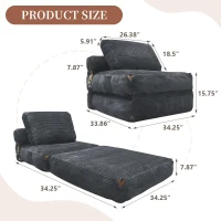 3-in-1 Convertible Corduroy Floor Sofa Bed with Side Pockets, Oversized Chaise Lounge for Bedrooms or Student Dorms, 87L x 86W x 40H cm, Gray(m-3)