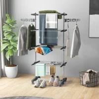HOMCOM Tendedero Vertical de 4 Niveles con Ruedas 2 Laterales Abatibles Estantes Ajustables y Marco de Acero Gris y Plata(m-10)