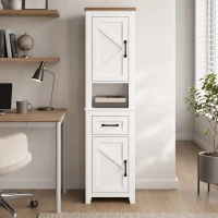 HOMCOM Armario de Baño Alto y Estrecho Rústico con Cajón Estante Abierto Puertas y Estantes Ajustables 34,5x30x148 cm Blanco(m-9)