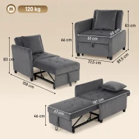 HOMCOM Sofá Cama 1 Plaza Convertible 4 en 1 Sillón Cama Tapizado en Terciopelo Respaldo Ajustable Gris Oscuro(m-3)