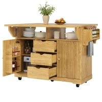 Foldable Serving Trolley with Ample Storage and Snack Racks, Mobile Kitchen Island for Balconies or Dining Room, 142.5L x 40W x 95H cm, Natural+Light Brown(m-13)