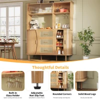 Adjustable-Feet Dining Room Cupboard with Wine Glass Holders, High-quality Sideboard with for Kitchen or Hallways, 140L x 40.5W x 174.5H cm, Wood(m-6)