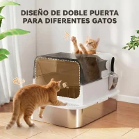 PawHut Arenero para Gatos de Acero Inoxidable XXL con Tapa Abatible Laterales Altos Entrada Superior Pala Blanco(m-8)