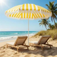 Outsunny Sombrilla de Playa con Flecos Ø180 cm Sombrilla de Terraza Exterior Altura Ajustable Inclinación 30° Amarillo y Blanco(m-10)