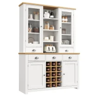 Kitchen Pantry Cabinet with Wine Rack and Adjustable Shelves, Glass-Door Buffet Sideboard with 5 Deep Drawers, 120L x 40W x 185H cm, White(m-14)