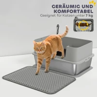 PawHut Katzentoilette Edelstahl Offene Katzenklo mit Schaufel hohem Rand Matte für Katzen bis 7 kg 60,2 x 40,2 x 29,5 cm, Grau(m-7)
