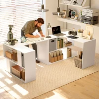 HOMCOM L Shaped Computer Desk, 110 x 100cm Reversible Corner Desk with Fabric Drawer and Storage Shelves, White(m-8)
