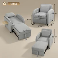 HOMCOM Sillón Cama Convertible 3 en 1 Sofá Cama 1 Plaza con Mesa Lateral Plegable Respaldo Ajustable Gris(m-3)