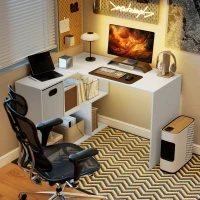 HOMCOM L Shaped Computer Desk, 110 x 100cm Reversible Corner Desk with Fabric Drawer and Storage Shelves, White(m-2)