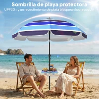 Outsunny Sombrilla de Playa con Mesa Plegable y Portavasos Ø198 cm Altura Ajustable Inclinación Bolsa de Transporte Multicolor(m-6)