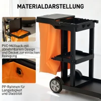HOMCOM Reinigungswagen Putzwagen mit 3 Ablagefächern Wischwagen mit Müllsack mit Abdeckung, Rollen für Gewerbe(m-6)
