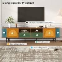 Space-Saving TV Stand with 2 Sliding Doors and 2 Drawers, Stylish TV Cabinet with Rattan Doors and Metal legs, 200L x 40W x 50H cm, Walnut(m-7)