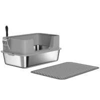 PawHut Katzentoilette Edelstahl Offene Katzenklo mit Schaufel hohem Rand Matte für Katzen bis 7 kg 60,2 x 40,2 x 29,5 cm, Grau(m-11)