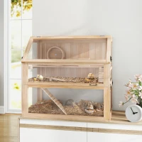 PawHut Wooden Hamster Cage with Detachable 31cm Deep Bottom, Hut, Seesaw, Exercise Wheel, Ramp, 80 x 50 x 76cm, Natural(m-10)