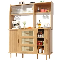 Adjustable-Feet Dining Room Cupboard with Wine Glass Holders, High-quality Sideboard with for Kitchen or Hallways, 140L x 40.5W x 174.5H cm, Wood(m-14)