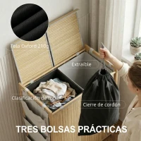 HOMCOM Cesto de Ropa Sucia de Bambú con Tapa 120L con 2 Bolsas con Cordón Extraíbles y Lavables Bolsillos Laterales Natural(m-6)