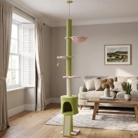 PawHut 220-240 cm Floor to Ceiling Cat Tree Adjustable Height with Hammock, Condo, Scratching Posts, Green(m-9)