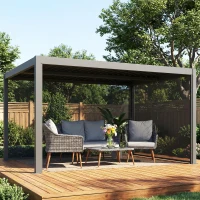 Outsunny Pergola bioclimatique 4x3m, pergola aluminium avec lames orientables, manivelle, stores latéraux coupe-vent, gris foncé(m-10)