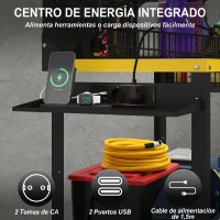 HOMCOM Banco de Trabajo con Panel Perforado Mesa de Trabajo con Enchufes Luz LED Ruedas Marco de Metal Negro y Amarillo(m-6)