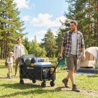 Outsunny 60L Foldable Festival Trolley on Wheels, Collapsible Wagon Cart with Drop-Down Tailgate, Adjustable Handle, Black(m-2)