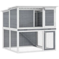 PawHut Hasenstall 2 Etagen Kaninchenstall aus Holz mit wetterfest aufklappbar Dach, Freilaufgehege, Rampe, 98x95x102,5 cm Grau(m-1)