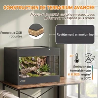PawHut Terrarium pour Reptiles en Bois OSB, Porte en Verre Trempé, Serrure Sécurisée et Couvercle en Filet, 60x45x45cm, Noir(m-4)